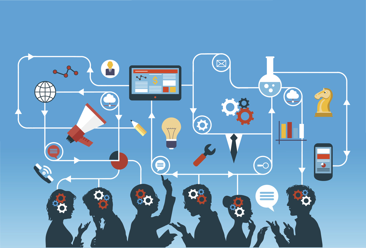 Business people group over conceptual. Silhouettes of people on a background of business icons. Mind Map Team.